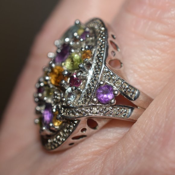 Boxed Sterling Silver Genuine Multi Gem Stoned Diamond Ring 9.3 Grams - Picture 5 of 9